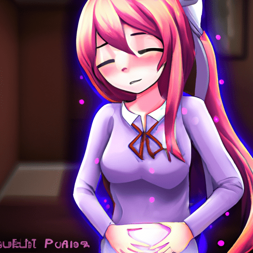 Yuri from Doki Doki Literature club having a stomach pain with her stomach a little bloated and her hands on her belly.