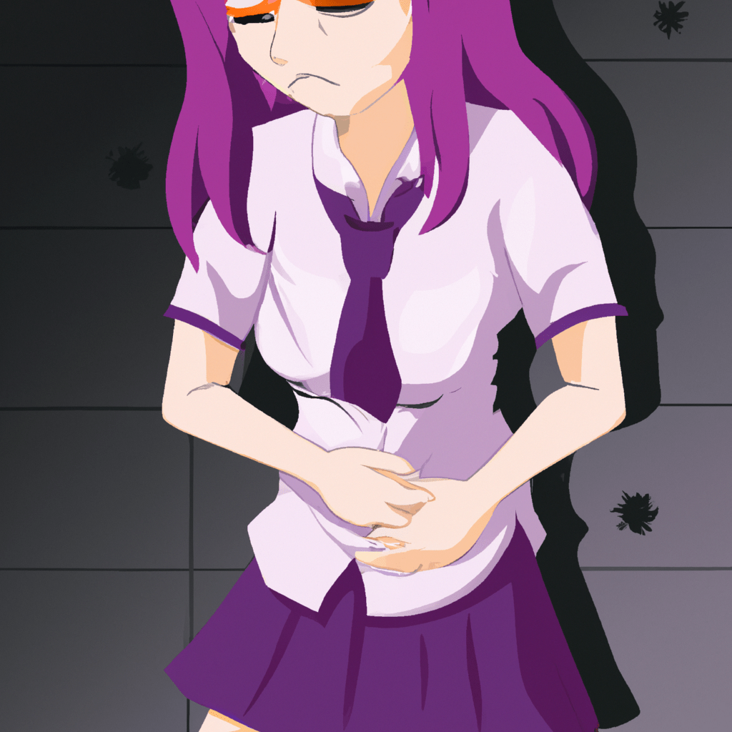 Yuri character from Doki Doki Literature club (purple haired girl) having a stomach pain with her belly a little bloated and her hands un her tummy and normal uniform.